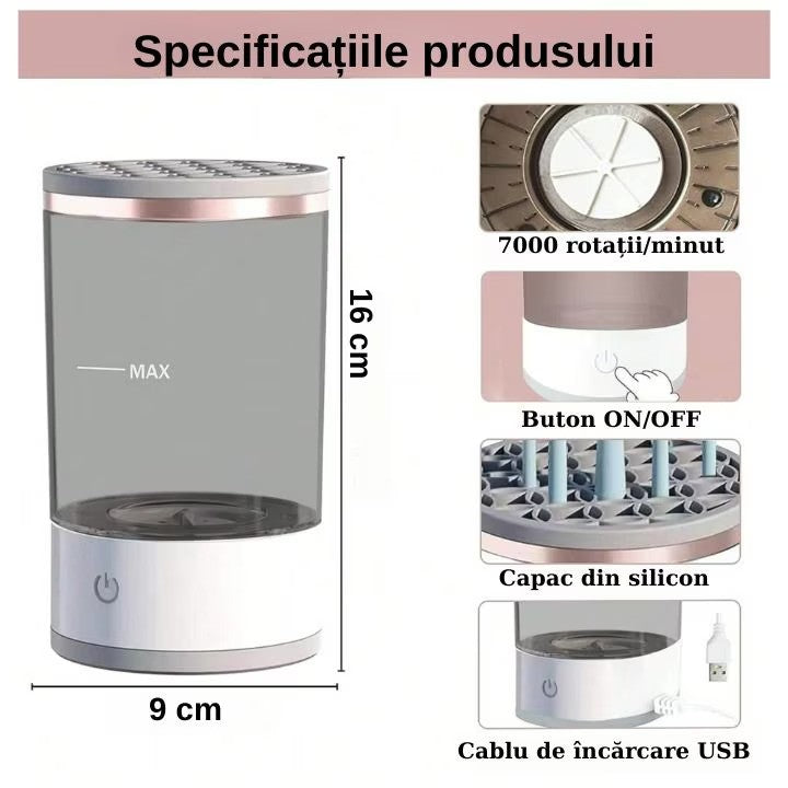 Aparat pentru curățat pensule de machiaj, curățare rapidă, funcție de uscare, suporturi multiple, uz personal și profesional