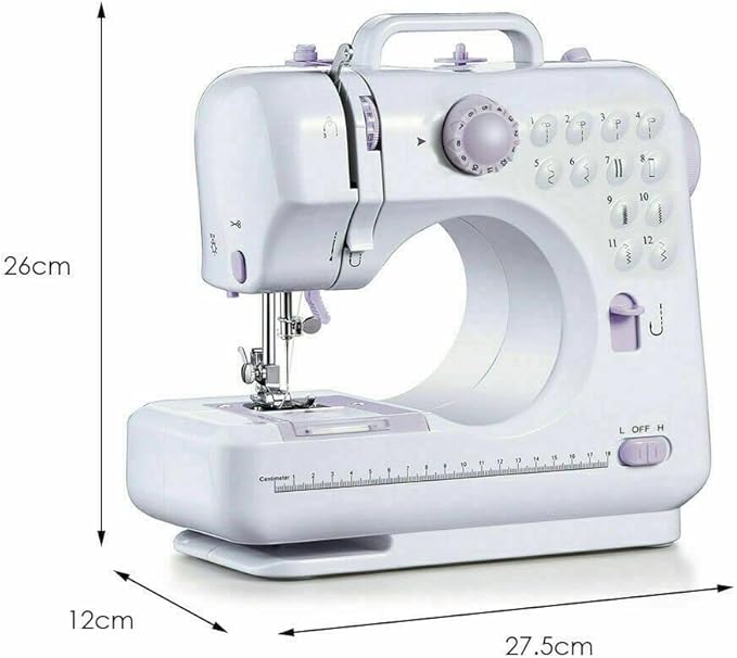 Mini mașină de cusut portabilă, 12 tipuri de cusături, alimentare la priză sau baterii, LED, accesorii incluse