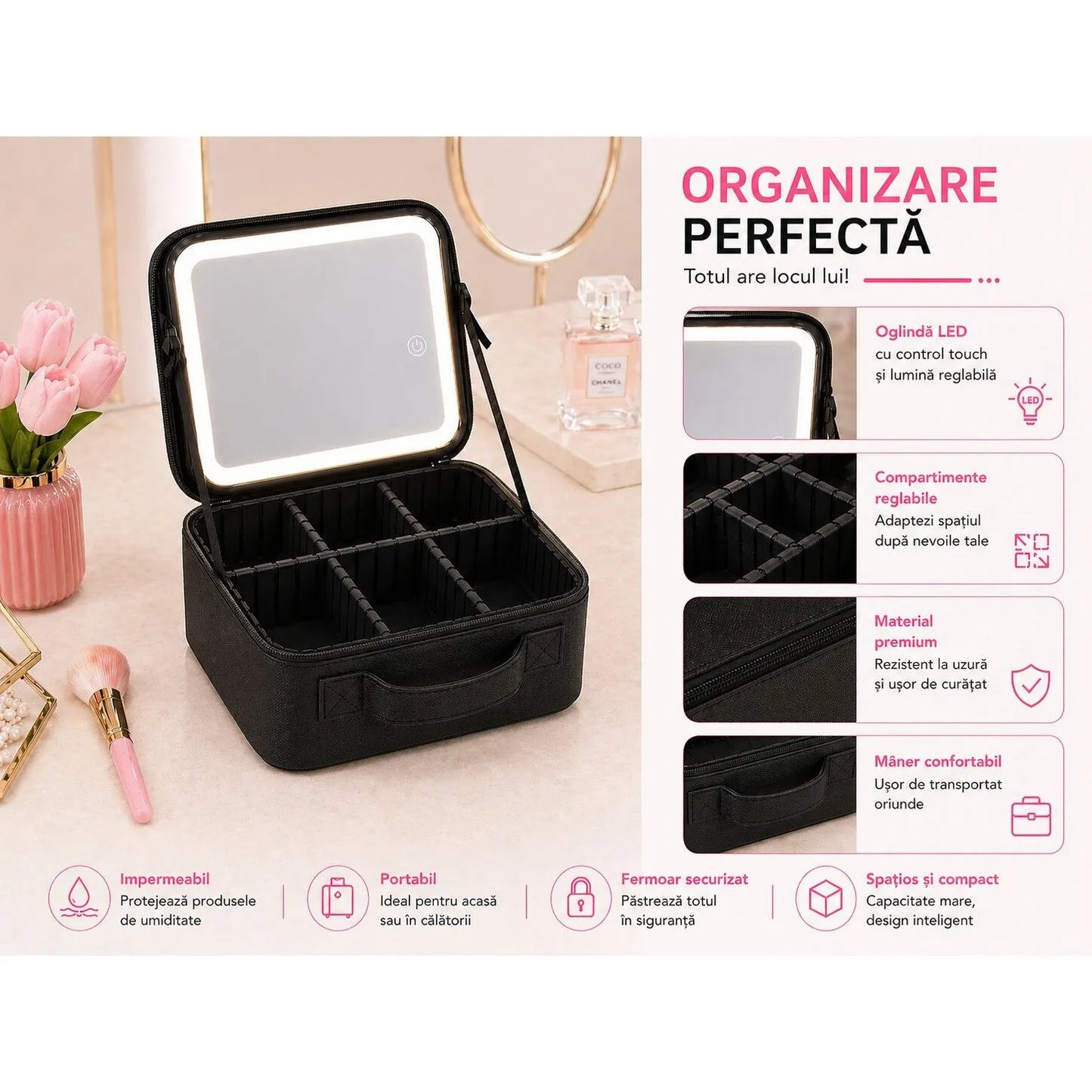 Geantă cosmetice cu oglindă LED, compartimente reglabile, capacitate mare, organizator machiaj, pentru călătorii