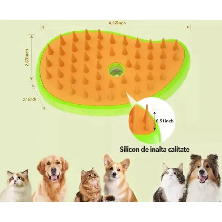 Perie 3 în 1 pentru animale de companie, cu aburi, pulverizator și dozator integrat, reîncărcare USB, pentru pisici și câini