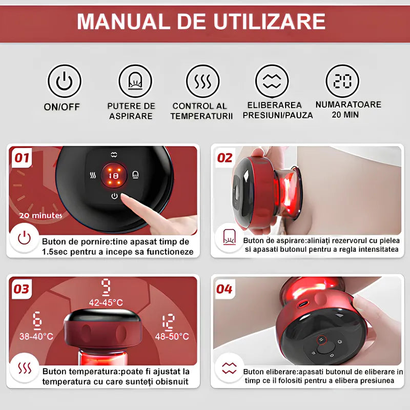 Aparat de masaj vacuum, cu ventuză electrică, intensitate reglabilă, oprire automată și încărcare Type-C