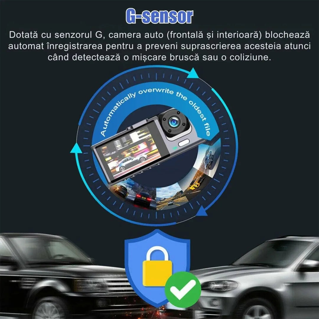 Cameră auto DVR triplă, Full HD 1080P, 3 camere față/spate/interior, unghi 170° și night vision