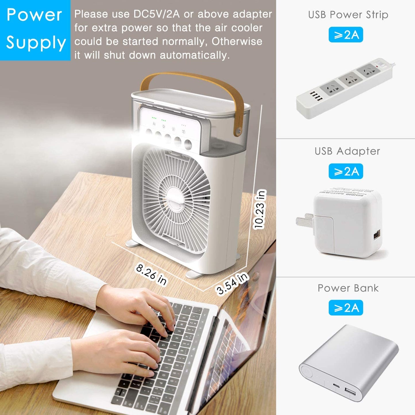 Ventilator portabil cu umidificator, lumina LED