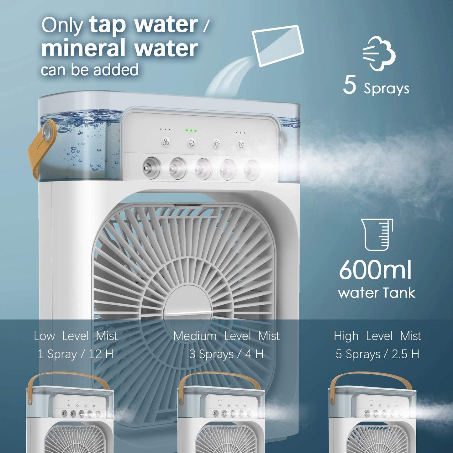 Ventilator portabil cu umidificator, lumina LED
