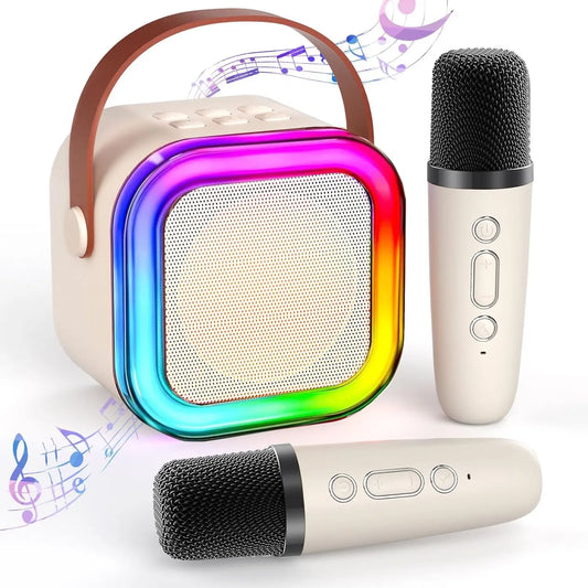 Set boxă portabilă karaoke wireless, Bluetooth 5.3, 2 microfoane, lumini LED RGB, USB-C, AUX și MicroSD