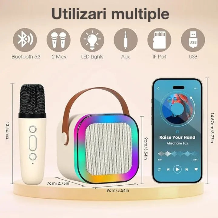 Set boxă portabilă karaoke wireless, Bluetooth 5.3, 2 microfoane, lumini LED RGB, USB-C, AUX și MicroSD