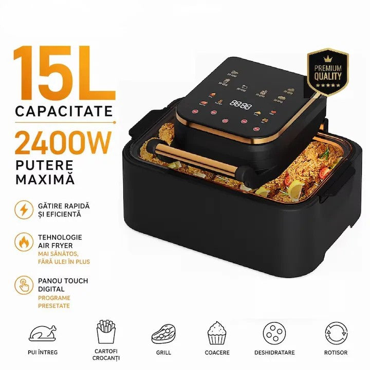 Air Fryer 15L, 2400W, Panou Touch Digital, Funcții Multiple, Gătire cu Aer Cald, Negru