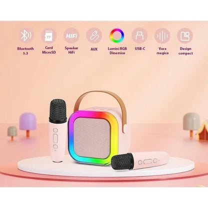 Set boxă portabilă karaoke wireless, Bluetooth 5.3, 2 microfoane, lumini LED RGB, USB-C, AUX și MicroSD