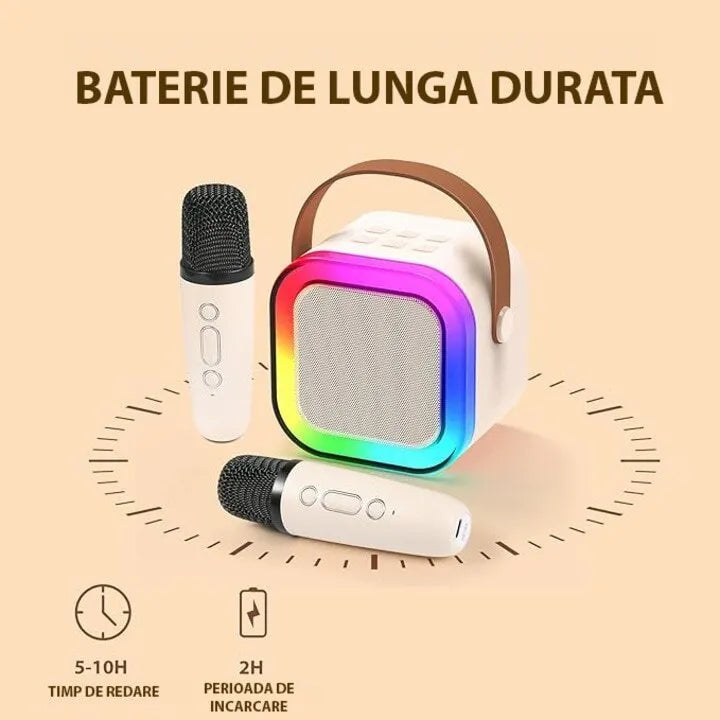 Set boxă portabilă karaoke wireless, Bluetooth 5.3, 2 microfoane, lumini LED RGB, USB-C, AUX și MicroSD
