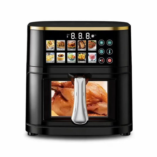 Friteuză cu aer cald 10L, 2800W, panou digital, 10 programe presetate și 100 foi de copt incluse