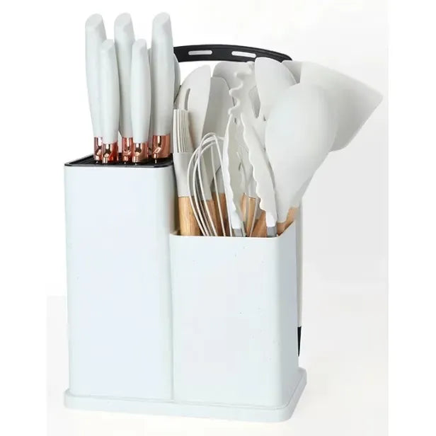 Set ustensile bucătărie 19 piese, silicon și inox, cu 5 cuțite, tocător, foarfecă și suport