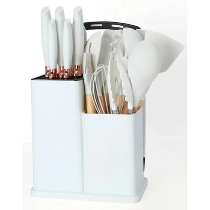 Set ustensile bucătărie 19 piese, silicon și inox, cu 5 cuțite, tocător, foarfecă și suport