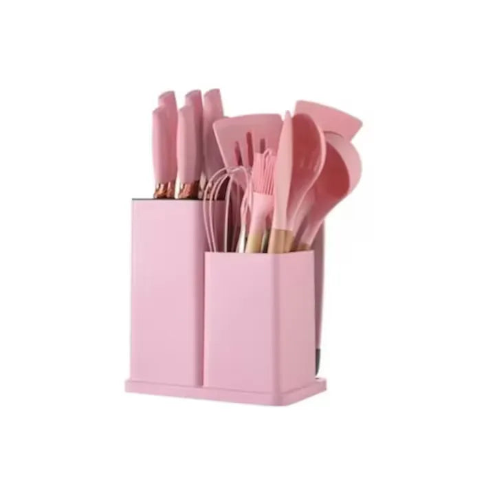 Set ustensile bucătărie 19 piese, silicon și inox, cu 5 cuțite, tocător, foarfecă și suport