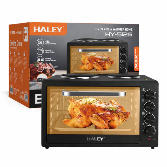 Cuptor electric HALEY 48L, 2000W, plită dublă 1000W + 600W, timer și ușă din sticlă