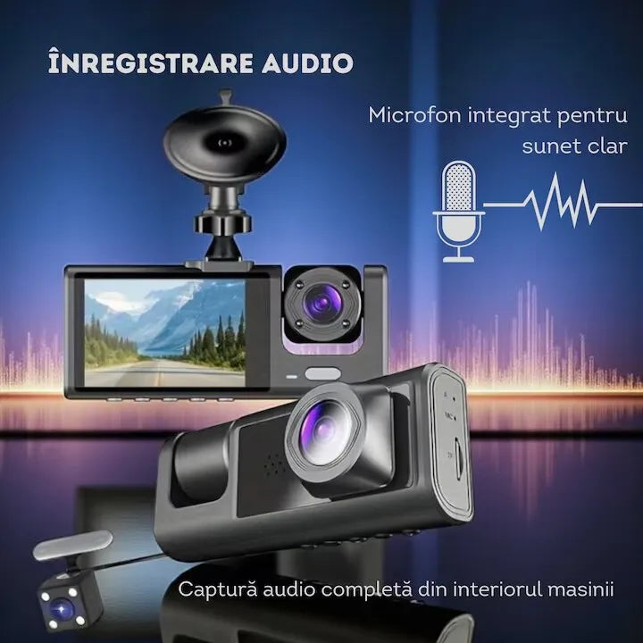 Cameră auto DVR triplă, Full HD 1080P, 3 camere față/spate/interior, unghi 170° și night vision