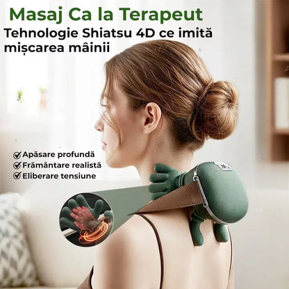 Aparat masaj 4D Shiatsu, pentru gât, umeri și picioare, încălzire 40–45°C, 3 moduri, fără fir