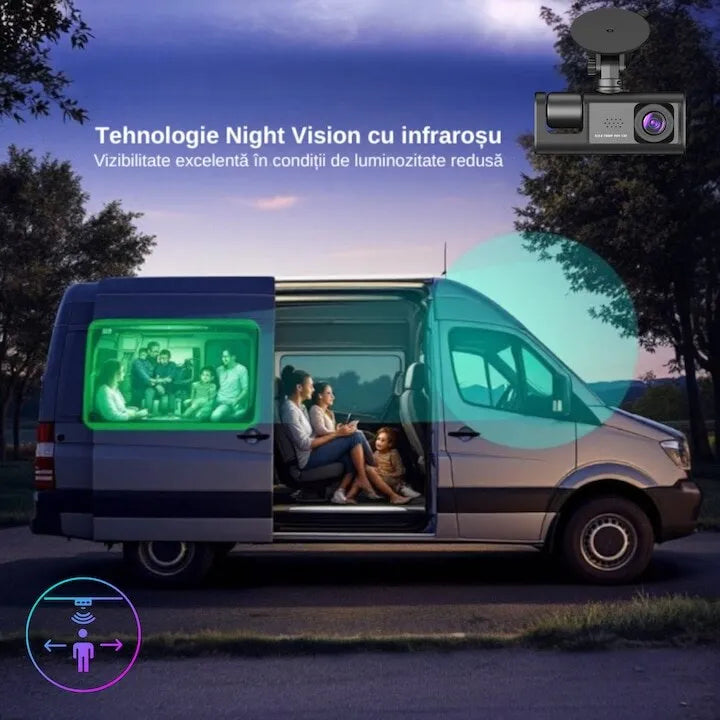 Cameră auto DVR triplă, Full HD 1080P, 3 camere față/spate/interior, unghi 170° și night vision