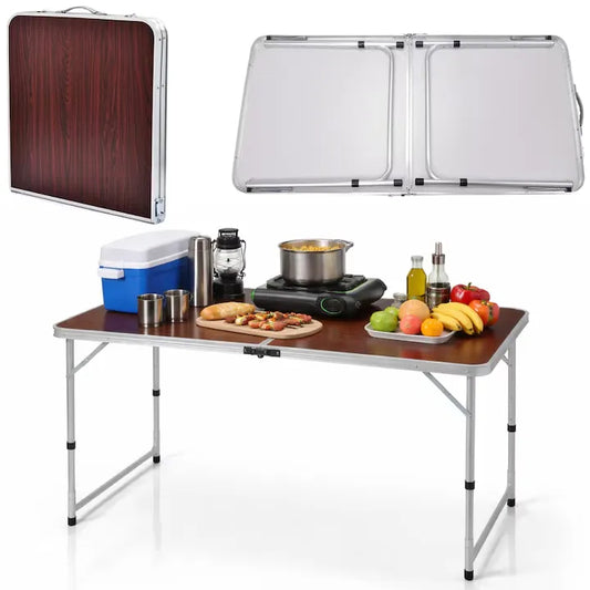 Masă pliabilă camping, blat MDF 120x60 cm, cadru aluminiu, reglabilă pe înălțime, tip valiză