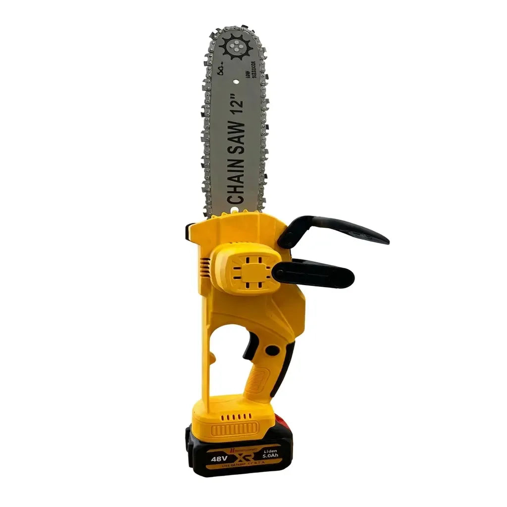 Drujbă electrică cu lanț 12” (30 cm), 2 acumulatori 48V 5000mAh, 2 lanțuri și încărcător inclus