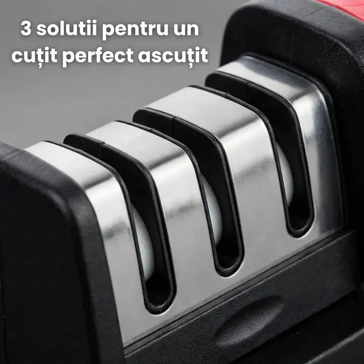 Ascuțitor cuțite manual, 3 sloturi din oțel, bază antiderapantă și mâner ergonomic ABS