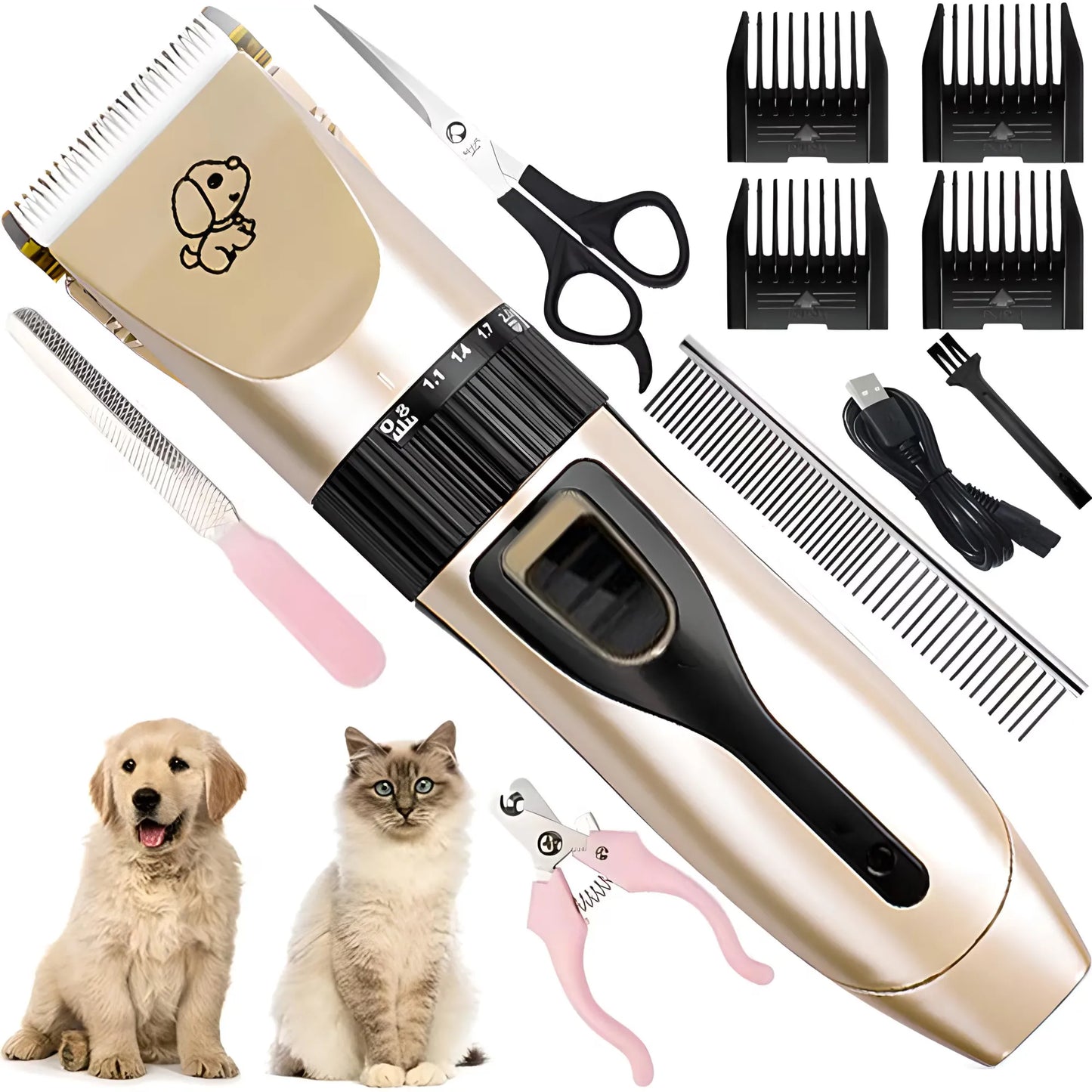Set mașină de tuns animale 12 piese, fără fir, lame ceramică și titan, accesorii îngrijire câini și pisici