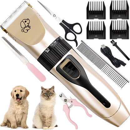 Set mașină de tuns animale 12 piese, fără fir, lame ceramică și titan, accesorii îngrijire câini și pisici