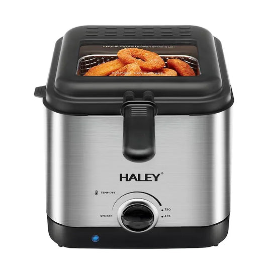 Friteuză electrică HALEY cu ulei, 2.5L, 1000W, termostat reglabil 0–190°C, capac cu geam, sită detașabilă, inox