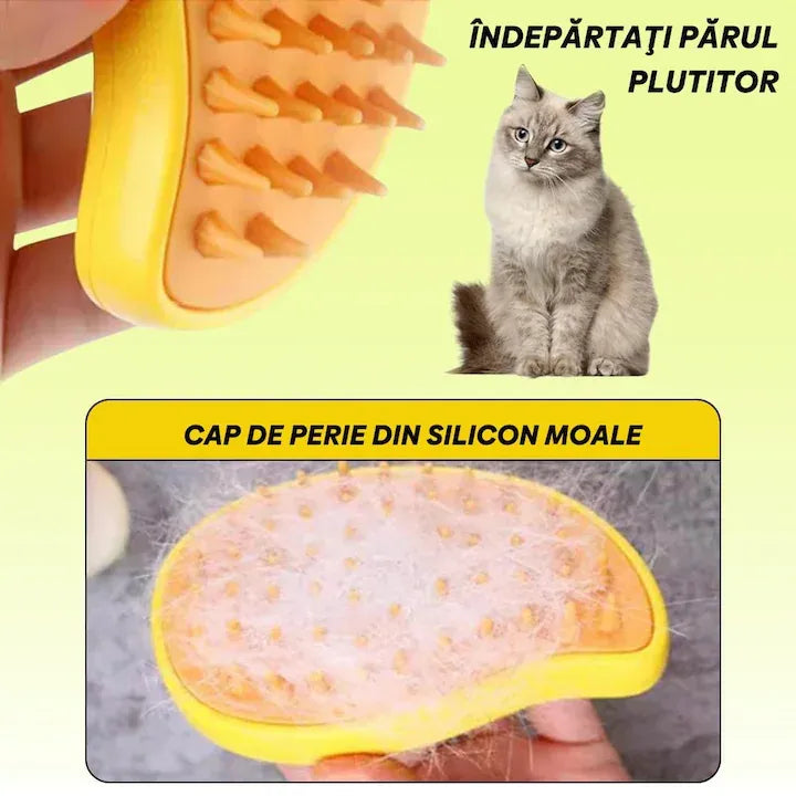 Perie 3 în 1 pentru animale de companie, cu aburi, pulverizator și dozator integrat, reîncărcare USB, pentru pisici și câini