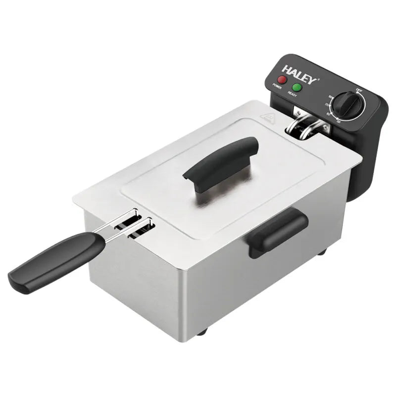 Friteuză electrică HALEY cu ulei, 4L, 2000W, termostat reglabil 120–190°C, inox, coș prăjire, argintiu
