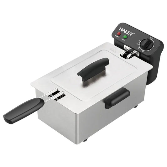 Friteuză electrică HALEY cu ulei, 4L, 2000W, termostat reglabil 120–190°C, inox, coș prăjire, argintiu