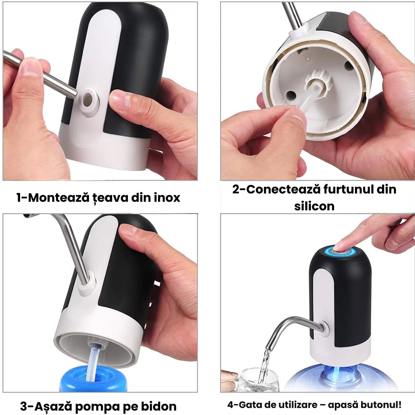 Pompă electrică pentru apă, dozator portabil pentru bidon 5–20L, USB, baterie 1200mAh, tub inox