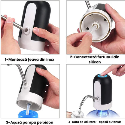 Pompă electrică pentru apă, dozator portabil pentru bidon 5–20L, USB, baterie 1200mAh, tub inox