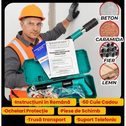 Kit pistol manual pentru fixare cuie, reglaj putere 5 trepte, pentru beton, lemn și metal, 50 cuie incluse