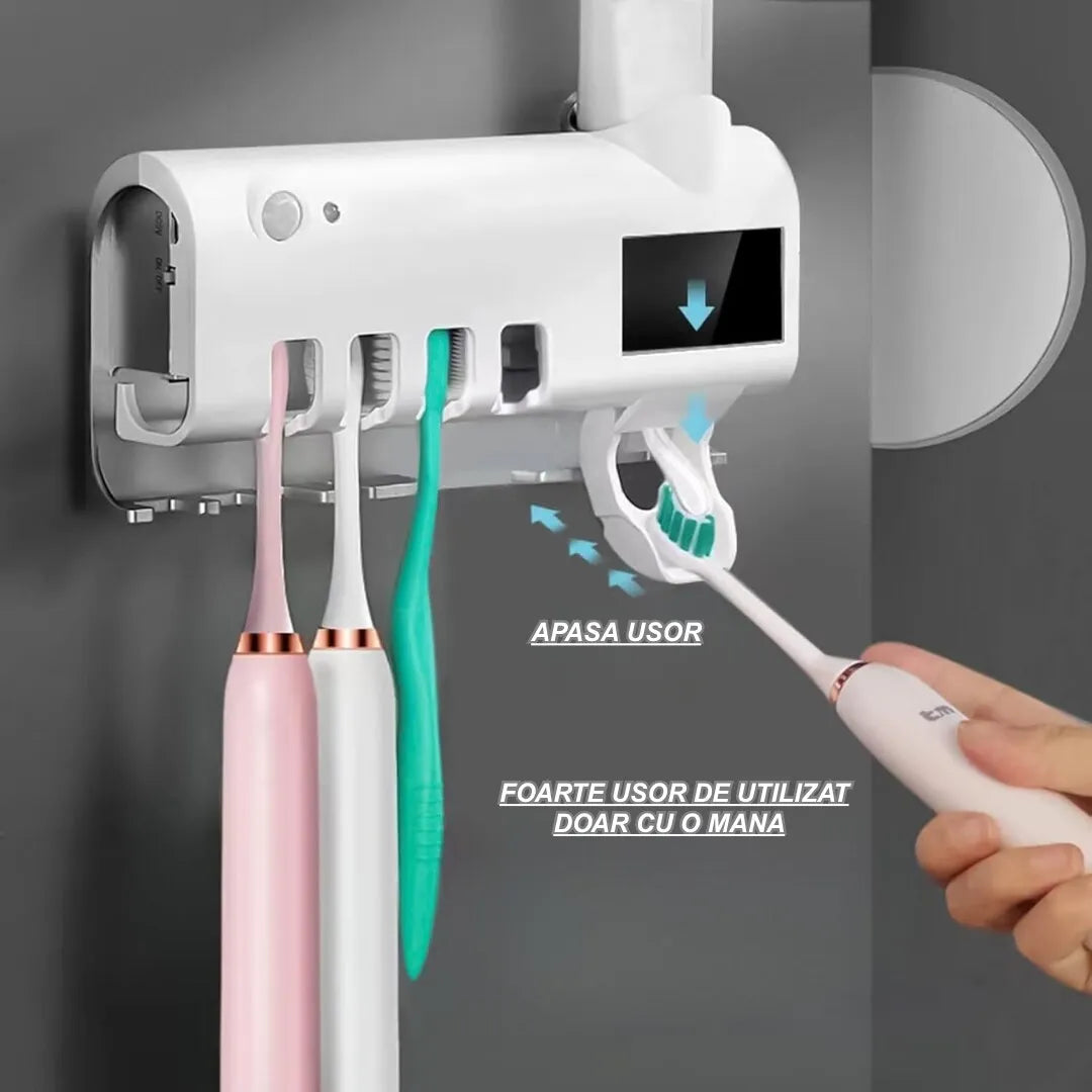 Suport periuțe de dinți cu UV, montare fără găurire, organizator 4 locuri, senzor smart, încărcare solară și USB