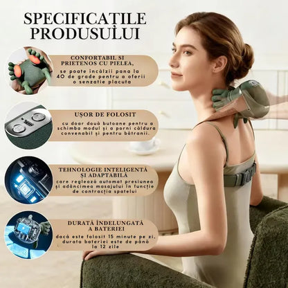 Aparat masaj 4D Shiatsu, pentru gât, umeri și picioare, încălzire 40–45°C, 3 moduri, fără fir