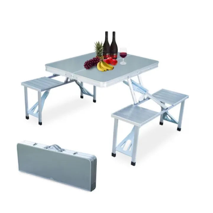 Set masă și 4 scaune pliabile pentru camping, picnic și grădină, aluminiu/PVC, tip geamantan, argintiu