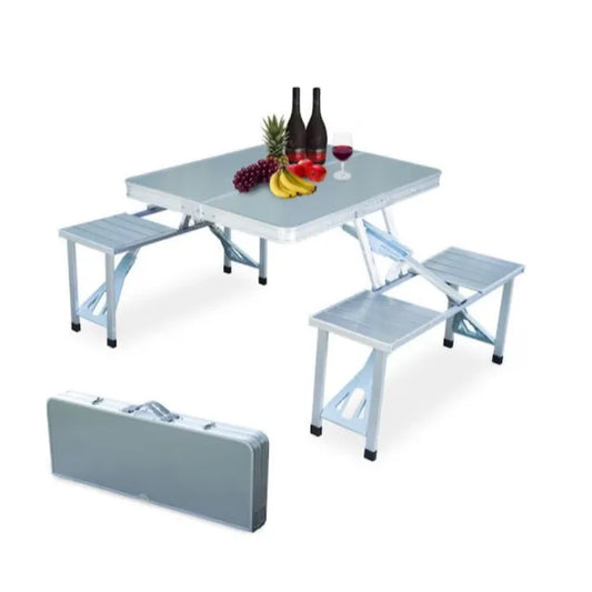 Set masă și 4 scaune pliabile pentru camping, picnic și grădină, aluminiu/PVC, tip geamantan, argintiu