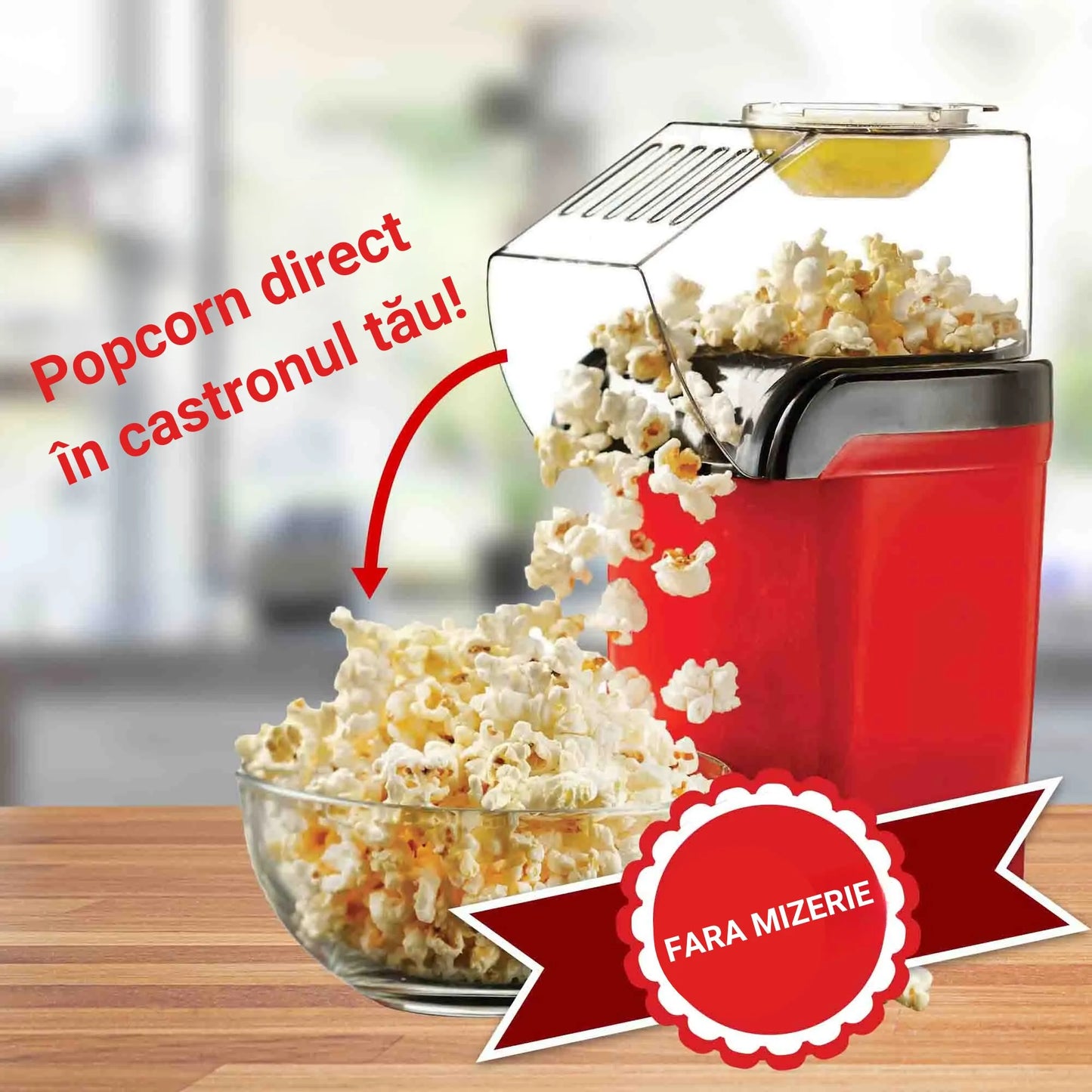 Aparat pentru popcorn fără ulei, 1200W, preparare cu aer cald, tavă pentru unt, gata în 3 minute, roșu