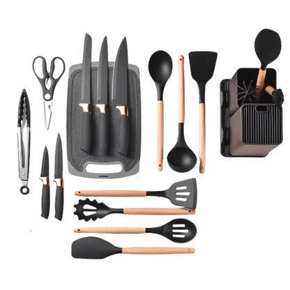 Set ustensile bucătărie 19 piese, silicon și inox, cu 5 cuțite, tocător, foarfecă și suport