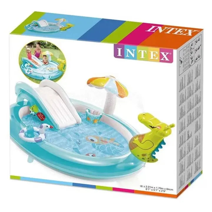 Piscină gonflabilă INTEX pentru copii, centru de joacă crocodil, cu tobogan, parasolar și pulverizare apă