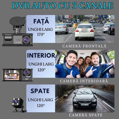 Cameră auto DVR triplă, Full HD 1080P, 3 camere față/spate/interior, unghi 170° și night vision
