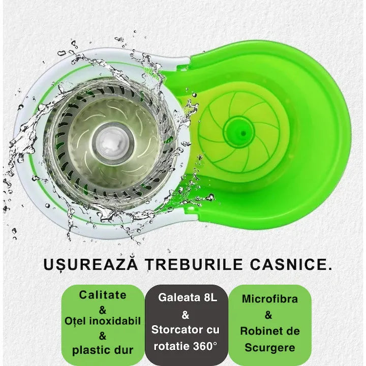Set mop cu găleată 8L, storcător rotativ 360°, robinet scurgere, mop microfibră și mâner reglabil