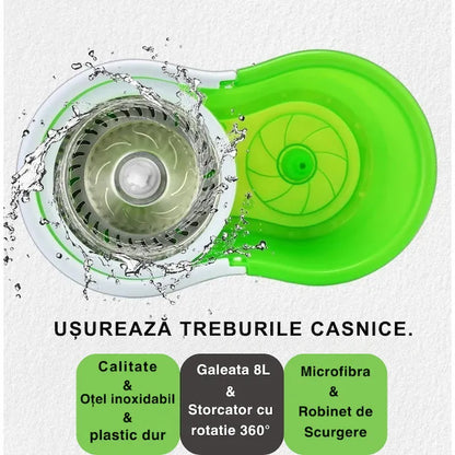 Set mop cu găleată 8L, storcător rotativ 360°, robinet scurgere, mop microfibră și mâner reglabil