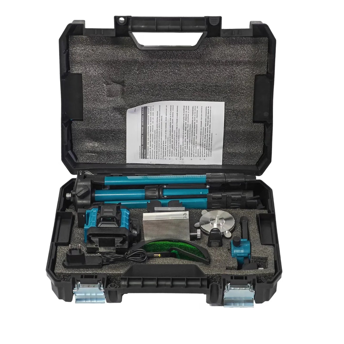 Kit nivelă laser 4D, linii verzi 4x360°, autonivelare, telecomandă, 2 baterii, trepied și servietă