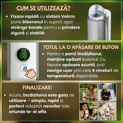 Încălzitor portabil biberoane, ecran digital, baterie 6000mAh, USB-C, temperatură reglabilă