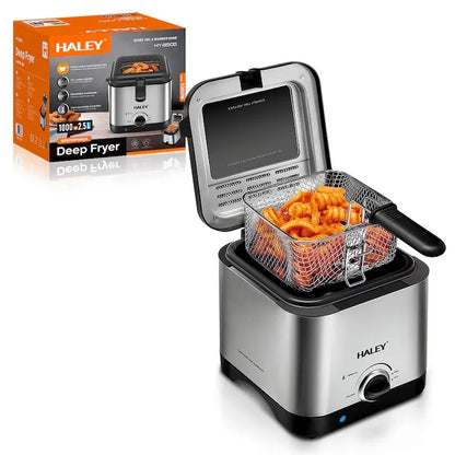 Friteuză electrică HALEY cu ulei, 2.5L, 1000W, termostat reglabil 0–190°C, capac cu geam, sită detașabilă, inox