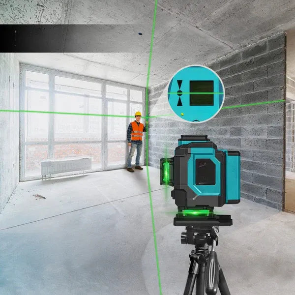 Kit nivelă laser 4D, linii verzi 4x360°, autonivelare, telecomandă, 2 baterii, trepied și servietă