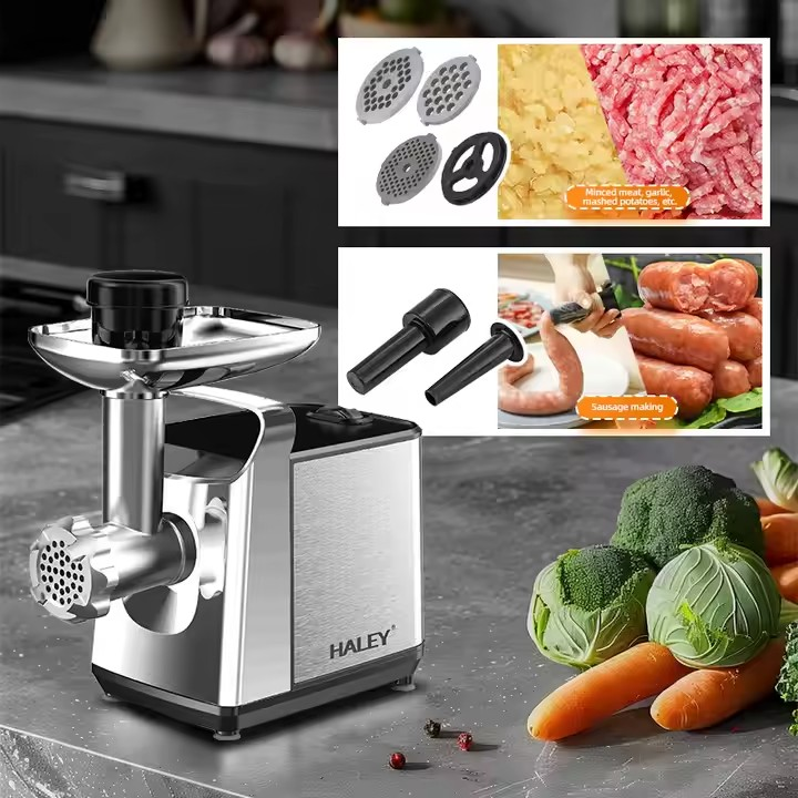 Mașină de tocat carne 3000W, HALEY, capacitate 3 kg/min, motor din cupru, 3 site și accesoriu cârnați, argintie