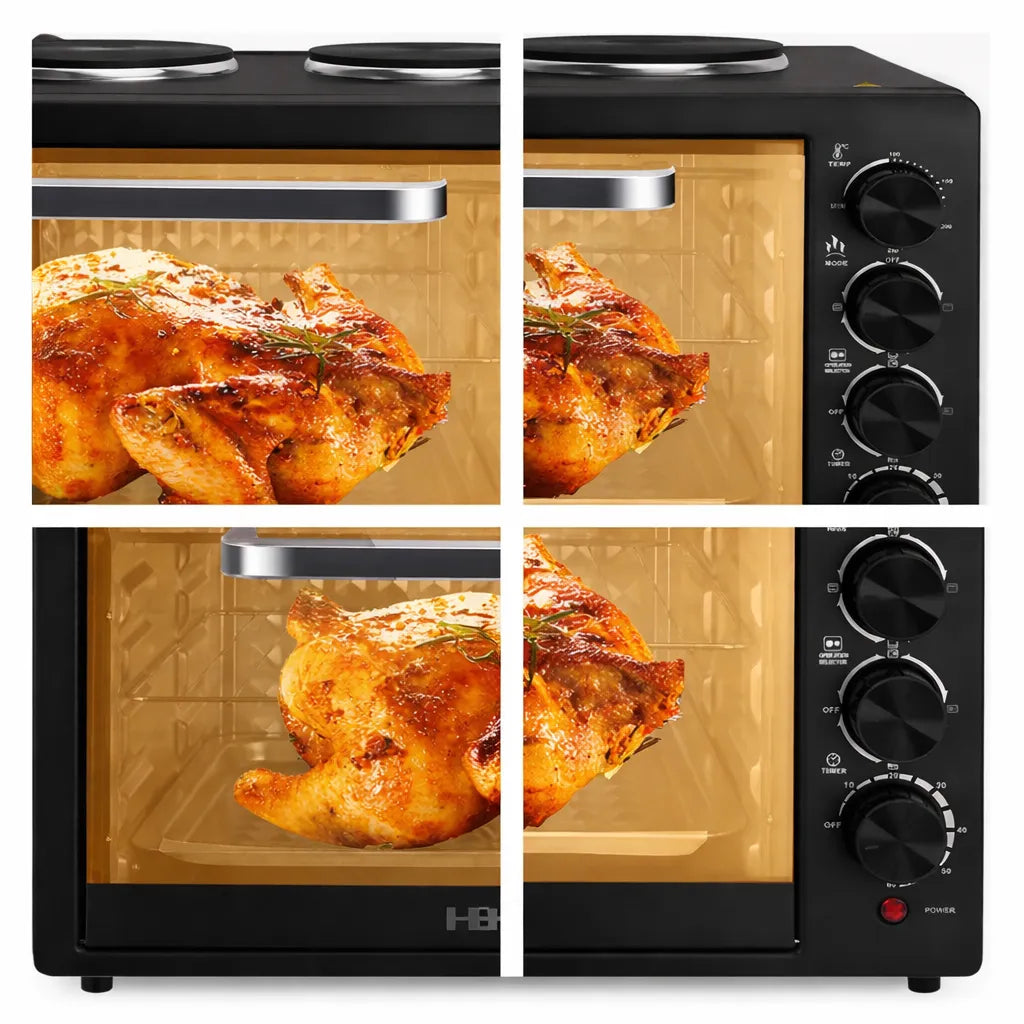 Cuptor electric HALEY 48L, 2000W, plită dublă 1000W + 600W, timer și ușă din sticlă