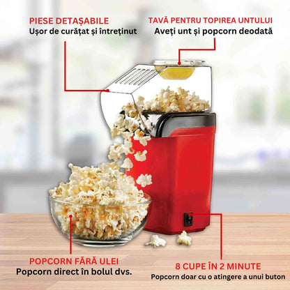 Aparat pentru popcorn fără ulei, 1200W, preparare cu aer cald, tavă pentru unt, gata în 3 minute, roșu